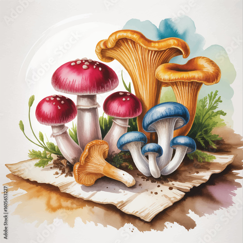 Vibrant watercolor illustration of assorted edible mushrooms including chanterelles and red mushrooms isolated on transparent background
