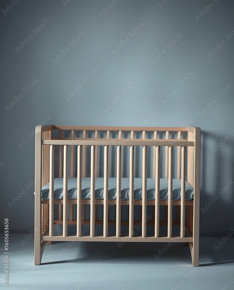 A minimalist baby crib against a muted gray wall symbolizing childhood innocence and safety A minimalist baby crib against a muted gray wall symbolizing childhood innocence and safety