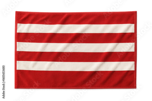 Red beach towel with three white horizontal stripes waving gently, isolated on transparent background