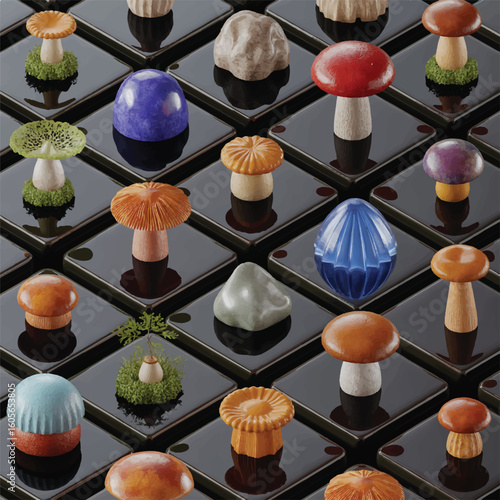 A collection of miniature colorful mushroom figurines arranged in a grid pattern on a dark surface isolated on transparent background