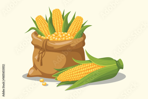 Fresh corn harvest in a burlap sack with corn kernels and cobs