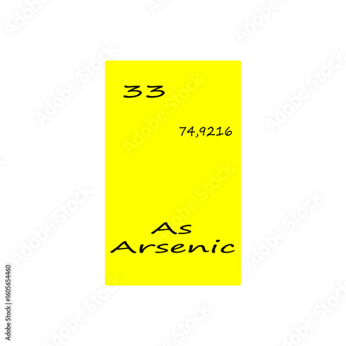 Thirty three 33 As. Arsenic element display. Number 74 point 9216. Vector periodic table.