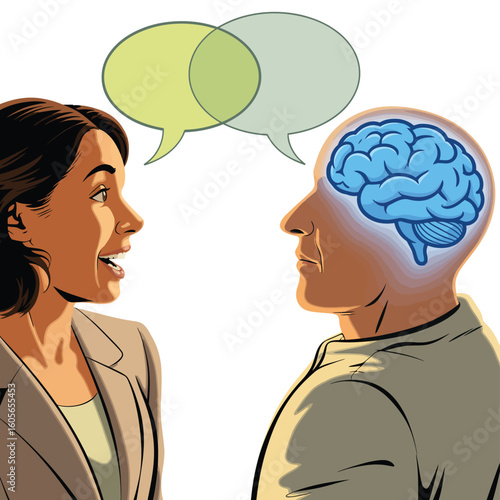 Woman communicates with man whose brain is visible during conversation