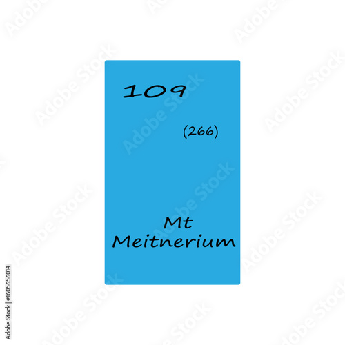 One hundred nine 109 Mt. Meitnerium element display. Number 266 value. Vector periodic table.