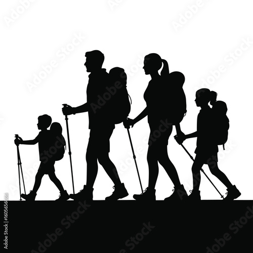 Family hiking adventure silhouette with backpacks and trekking poles