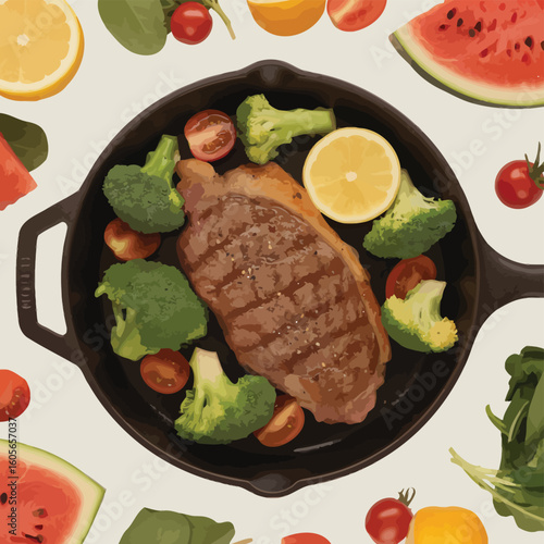 Juicy grilled steak with fresh broccoli and lemon in a cast iron pan