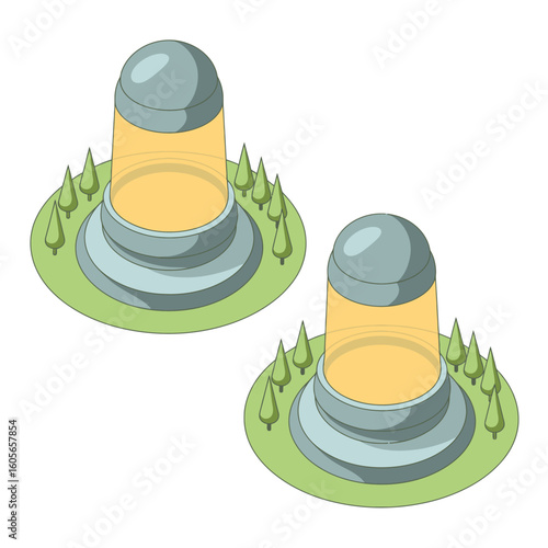 Two futuristic glowing teleportation portals on a grassy landscape with small trees