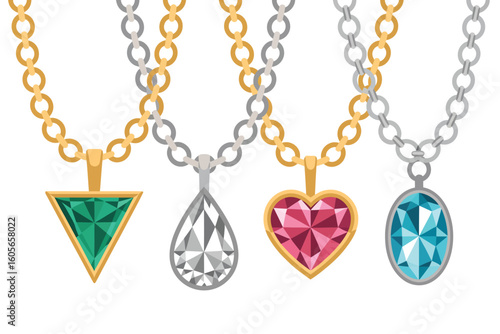 Collection of four elegant gemstone necklaces with different pendant shapes