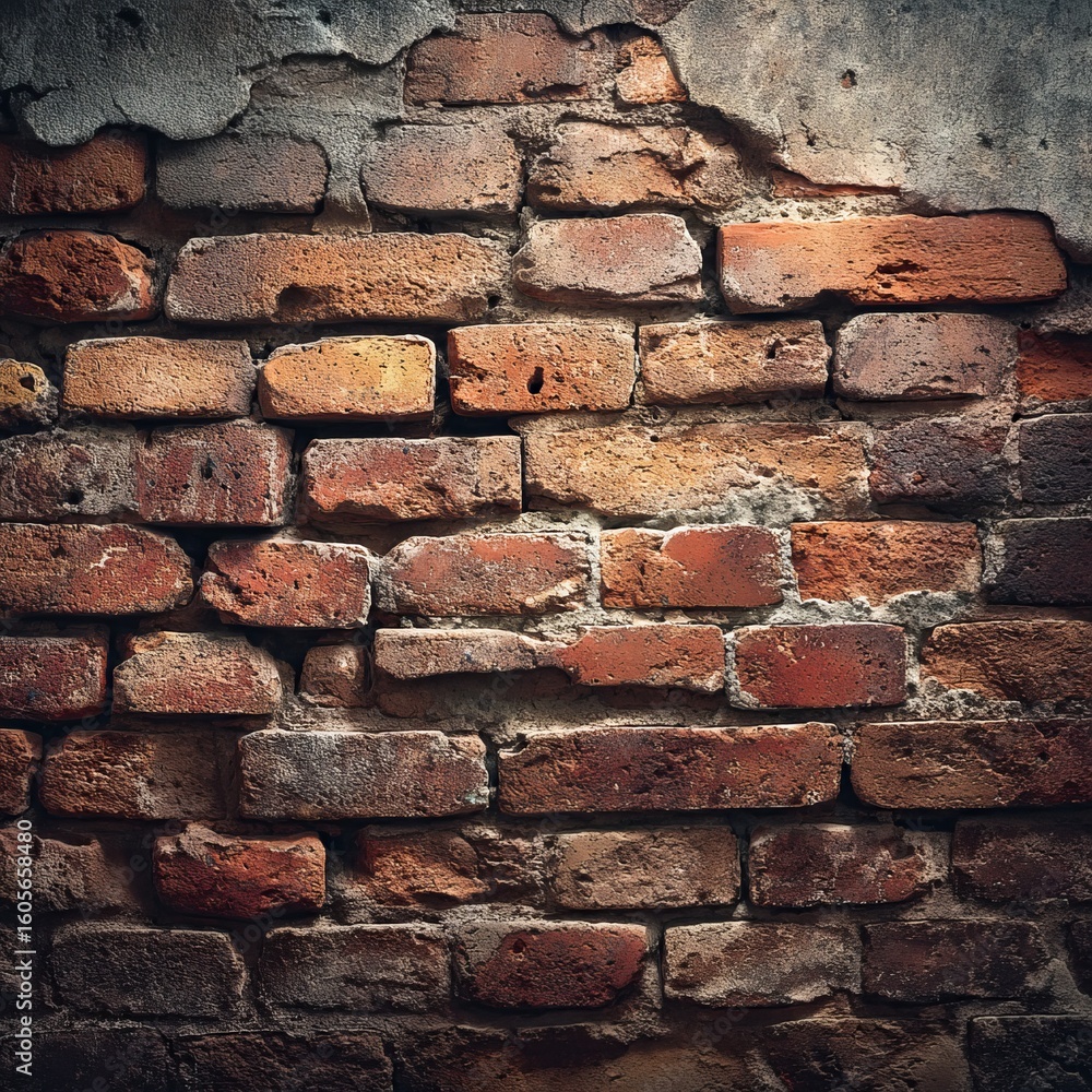 The textures of an old brick wall, with patches of weathered plaster, displaying the effects of time The textures of an old brick wall, with patches of weathered plaster, displaying the effects of time