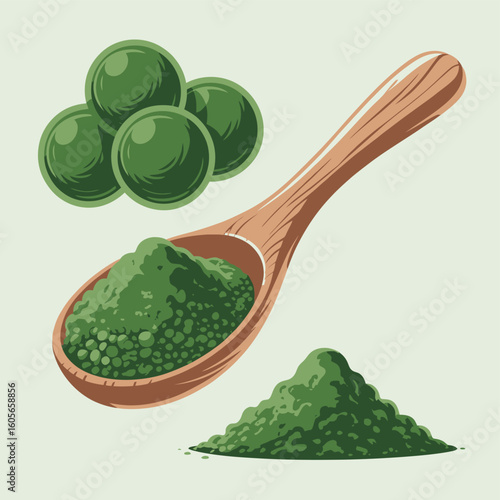 Wooden spoon filled with green powder next to spirulina balls and a pile of powder