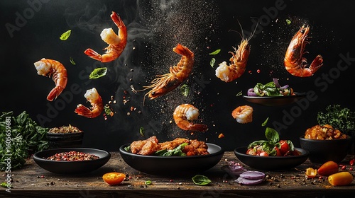 Delicious shrimp dishes with various textures and spices.