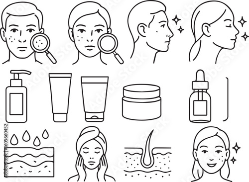 Line art of skincare products and treatments for acne, skin care routine, with faces, cosmetic bottles, and beauty elements, acne skin problem icon