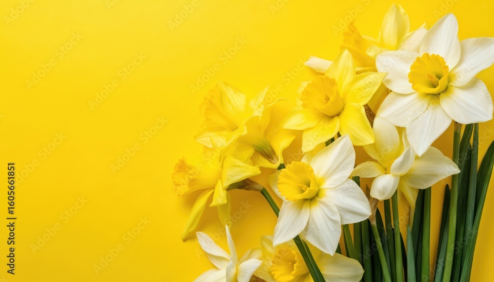 Naklejka premium Collection of fresh white, yellow daffodils arranged on bright yellow background. Spring floral theme with delicate petals, green stems. Celebratory, joyful, cheerful symbols of new beginnings,