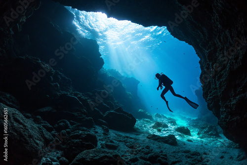 Wallpaper Mural Explore the deep blue with a scuba diver swimming through underwater cave with sun rays shining through Torontodigital.ca