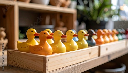 A colorful collection of rubber ducks lined up neatly in wooden trays on a shelf