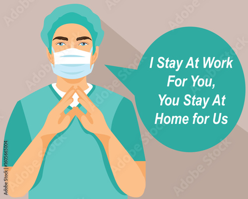 Stay home banner template. doctor sitting home. Quarantine or self-isolation. Health care concept. Fears of getting corona virus. Global viral epidemic or pandemic. Trendy flat vector illustration