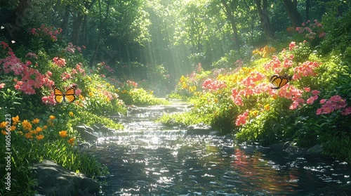 A serene forest scene with vibrant flowers and a gentle stream illuminated by sunlight. Seamless looping 4k video background 