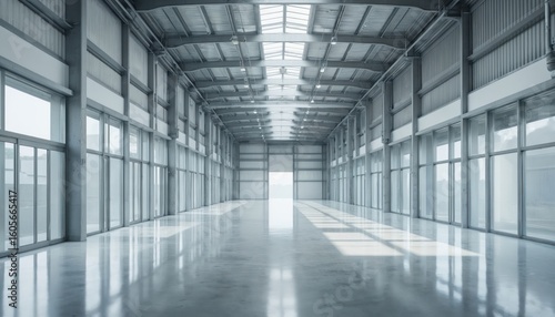 Wallpaper Mural Modern empty warehouse interior featuring glass walls, bright reflection floor. Spacious, clean architectural space offers minimalist design with natural daylight illumination, ideal for business, Torontodigital.ca