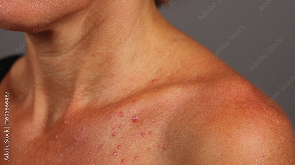 Fototapeta premium Detailed view of reddened skin with cluster of tiny raised pink dots on shoulder area demonstrating common symptom of photosensitive dermatitis.