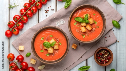 Two Bowls of Tomato Soup with Croutons and Fresh Basil on Rustic Wooden Table