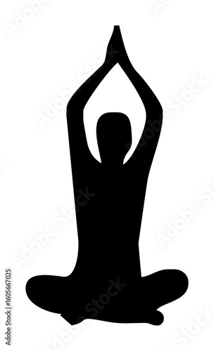 Silhouette of a person meditating in a seated yoga pose, hands raised in prayer.