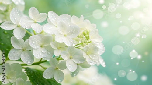 White Hydrangea Flowers with Dew Drops on Petals in Soft Morning Light