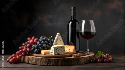 Wine and Cheese Platter with Grapes on Rustic Wood – Gourmet Food and Drink Still Life
