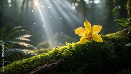Yellow Orchid Blooming in Rainforest with Sunbeams and Moss