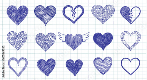 Collection of hand drawn blue hearts on gridded paper providing unique romantic symbolic representations