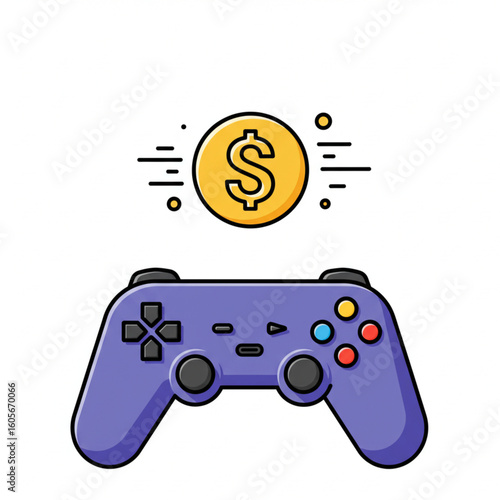 Game Controller and Dollar Sign Illustration. Gaming Controller with Money Symbol. Online Gaming, In-Game Purchases, Esports, Monetization, Digital Economy.

