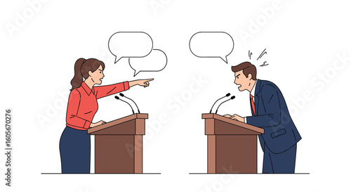 Two people arguing behind podiums during a public debate or political discussion
