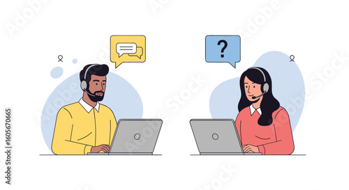 Customer support professionals providing online assistance through digital platforms answering inquiries with dedicated service