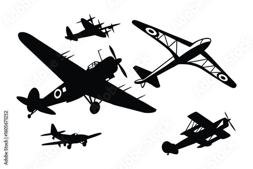 Vintage Airplane Silhouettes: A striking collection of vintage airplane silhouettes, embodying the grace and power of early aviation, evoking nostalgia for a bygone era of flight.