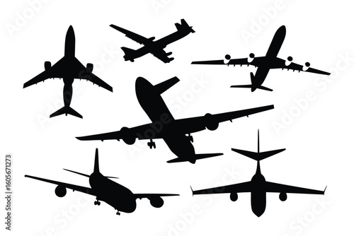 Aerial Ensemble: Silhouette of aircraft, depicting a variety of planes and their diverse designs, set against the backdrop of aviation's majesty
