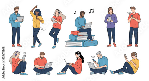 Diverse group of people enjoying digital entertainment and learning