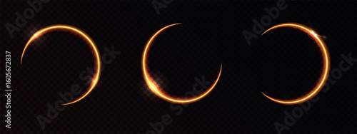 Halo effect, light ring glowing in a solar eclipse phases on the dark transparent background. Set of a luminous sun phenomenon. Vector illustration