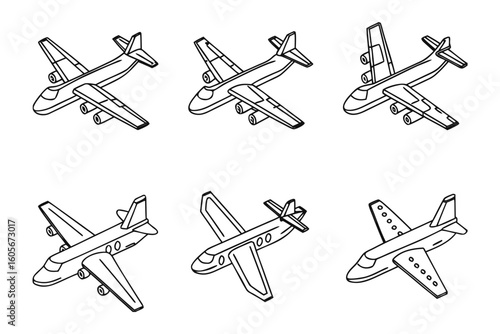Aeroplane Collection: Six illustrated aeroplane in aerial view, ready for takeoff. A perfect representation for projects requiring visual concept of plane industry