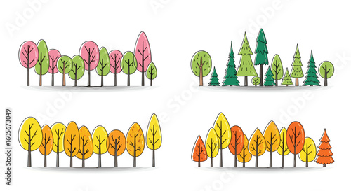 Collection of stylized trees in four distinct seasons representing nature's beauty