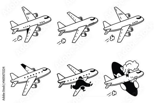 Airplane's Adventures: A series of minimalist black and white illustrations portrays the various facets of an aircraft's flight, ranging from takeoff to unexpected events.
