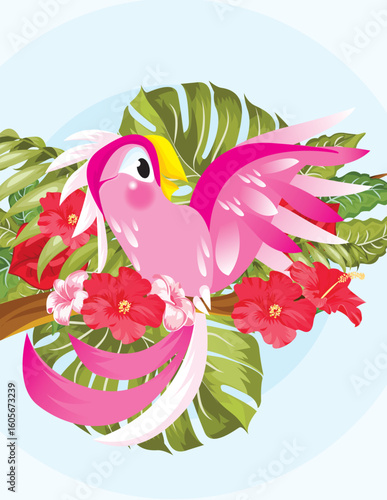 cockatoo open wing, parrot pink with tree vector