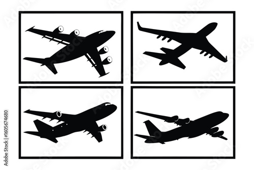 Aviation Silhouette Collage: A striking compilation of diverse aircraft silhouettes artfully arranged, depicting the majestic power and elegance of flight.