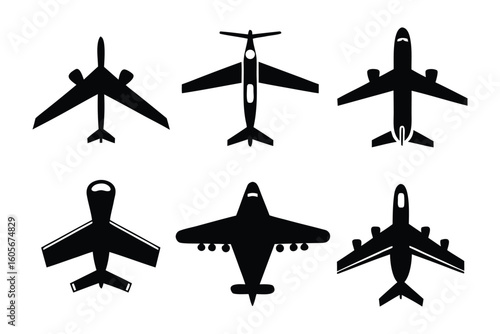 Air transport silhouettes: A collection of sleek, black silhouettes of various aircraft, highlighting their distinctive wing shapes and body styles, perfectly representing the world of air transport.