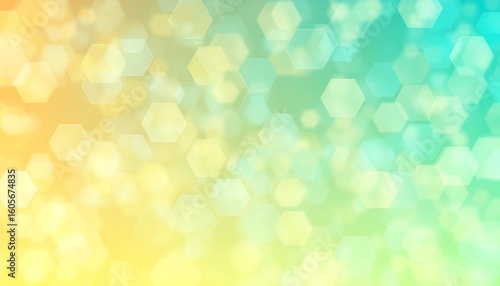 Abstract bokeh background with blurred hexagons in yellow, green, and turquoise tones
