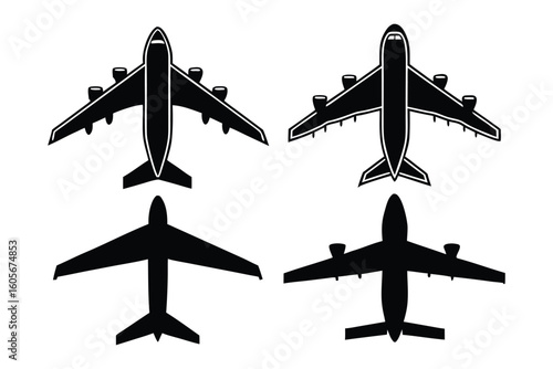 Airplanes: A striking overhead view of airplanes, captured in a high-contrast illustration. These dynamic images showcase the sleek form of passenger jets and cargo planes.