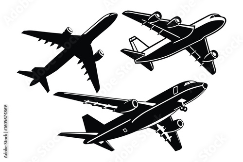 Airplanes silhouettes: The illustration showcases the dynamic silhouette of three unique airplanes, each poised to conquer the sky, with a touch of artistic flair and a nod to aviation