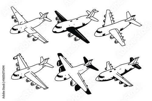 Airplane Fleet Illustration: A collection of intricately designed airplanes, each showcasing a unique perspective and silhouette, ready for your creative projects.