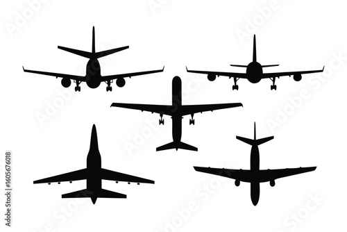 Aviation Array: Silhouette of diverse aircraft arrayed against a pristine plane capturing the intricate design of flight machines, perfect for aviation enthusiasts.