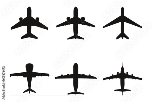 Air fleet Silhouette: A collection of stylized airplane silhouettes, showcasing diverse aerial vehicles, is presented against a clean backdrop.