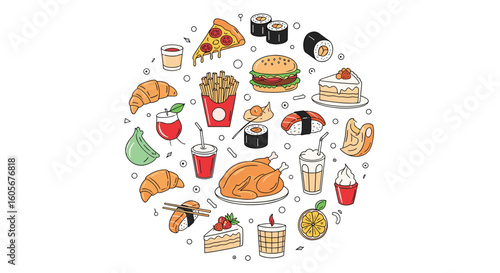 A delicious assortment of fast food treats and desserts arranged in a circle