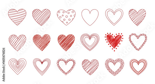 Collection of artistic hand drawn hearts with various textures and styles for romantic celebrations